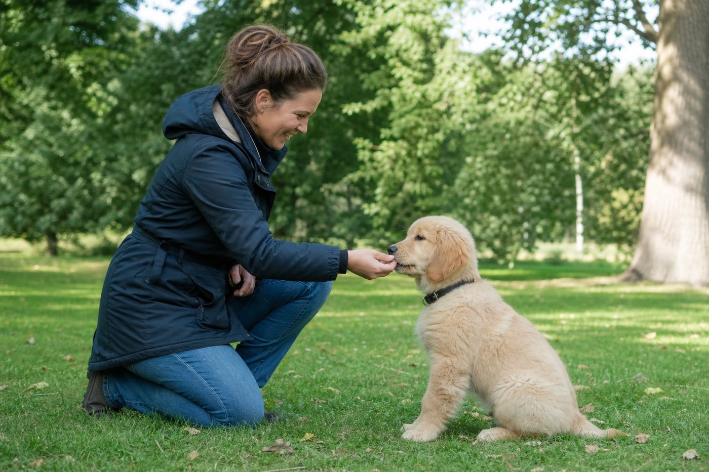 Puppytraining met positieve beloning in het park